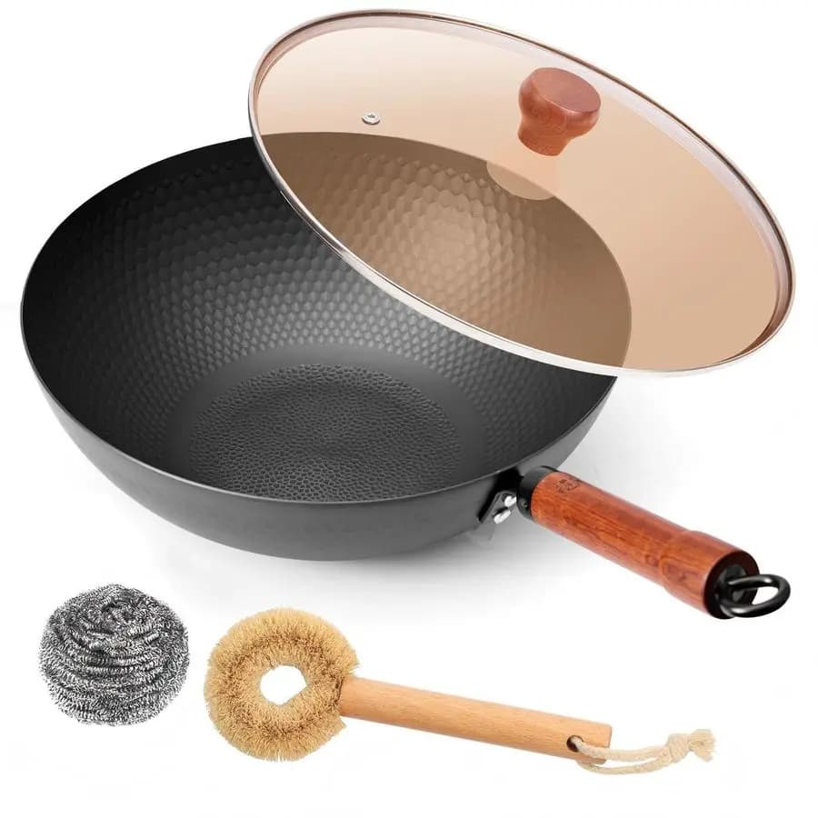 Wok in ferro 12.6 con coperchio, padella Wok antiaderente a fondo piatto con manico in legno staccabile, padella cinese per induzione, gas e
