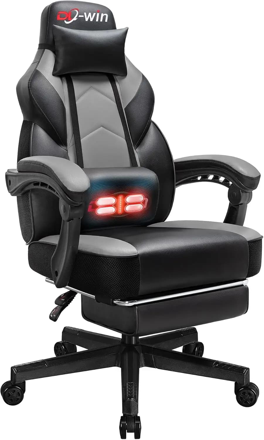Sedia da gaming con poggiapiedi, supporto lombare, altezza regolabile, rotazione a 360° ° Sedile Girevole e Poggiatesta in Grigio