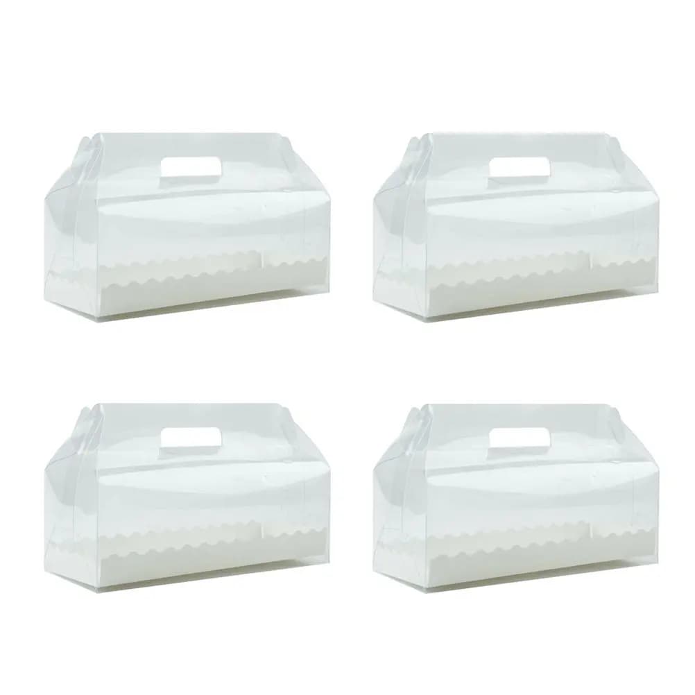 Set of 4 Lunge Boxes for Cakes, Transparent PET Containers for Cupcake with Paper Tray and Portable Handle for Weddings and Birthday Celebrations