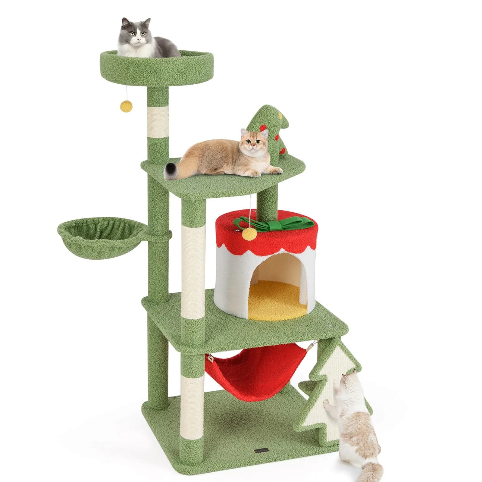 Albero di Natale per gatti alto 52 pollici con posti grattugio in sisal e casetta a forma di scatola regalo