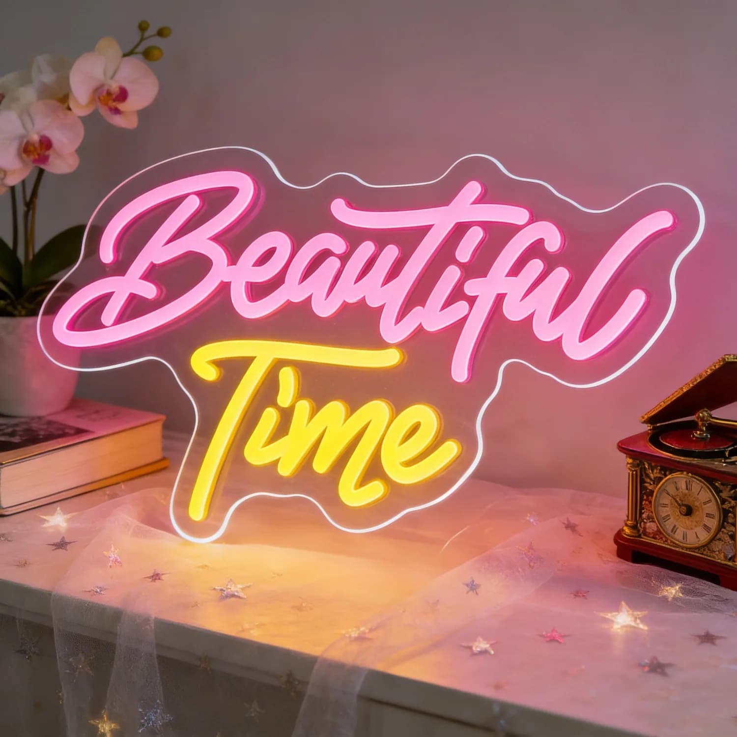 Bellissima Insegna al Neon Dimmerabile 'Beautiful Time' per Decorazione Familiare, Insegna LED USB per Spa, Salone di Bellezza, Stanza, Matrimonio, Eventi, Decorazione Murale