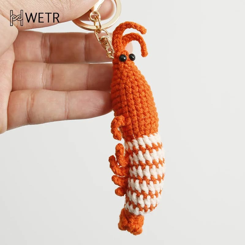 Cute Shrimp Bag Charm Keychain Cartoon Mini Handmade Knitted Car Keychain Creative Novelty Backpack Handbag Pendant Gift