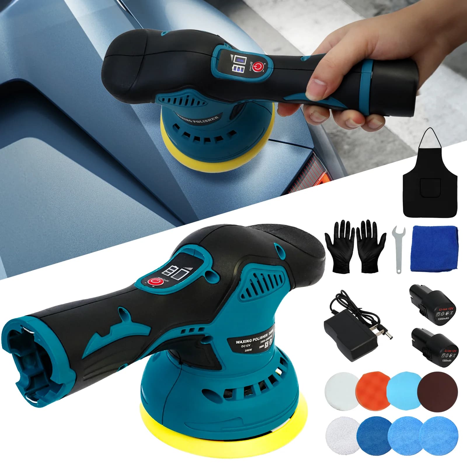 Kit Lucidatrice per Auto Senza Fili 12V 5 Pollici, Portatile 3800-7500 RPM, Due Batterie da 1500mAh e Caricatore per Dettaglio Auto, Ceratura e Uso Domestico