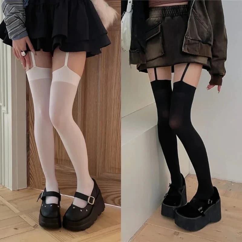 Reggicalze da donna Collant in velluto a fascia larga Lolita Calze sottili alte alla coscia con reggicalze Y2K JK Calzini sopra il ginocchio stile college