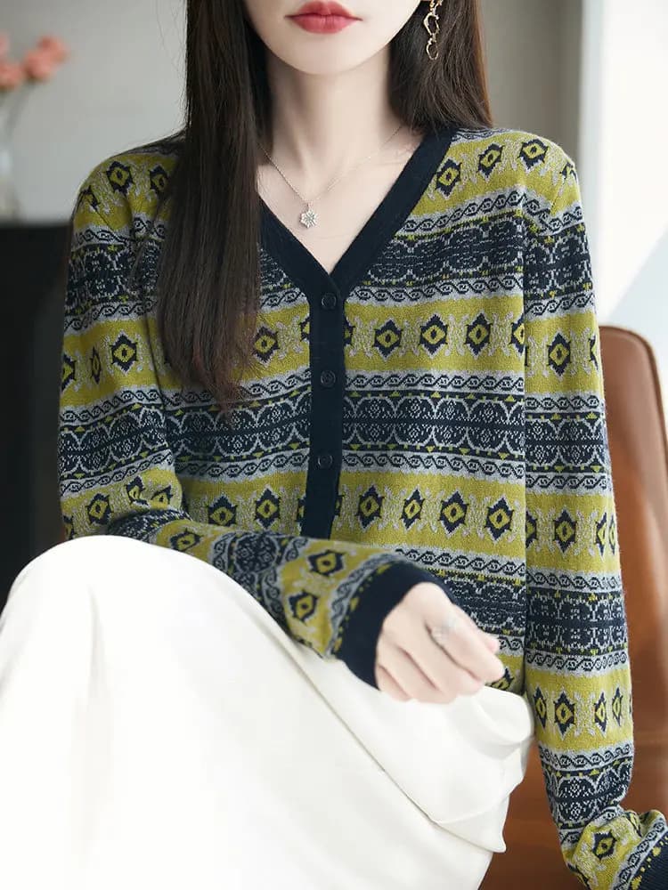 Retro Knitted V-Neck Women's Cardigan Spring New Style Color Block Design Versatile Sweater Jacket Soft Long Sleeve Commute F...