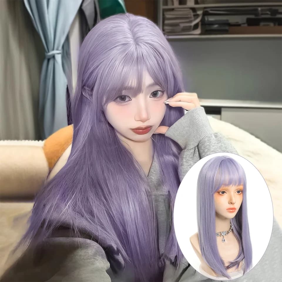 LUPU parrucche diritte sintetiche viola da 24 pollici, con frangia parrucche per capelli in fibra resistente al calore viola chiaro per le donne Cosplay Party