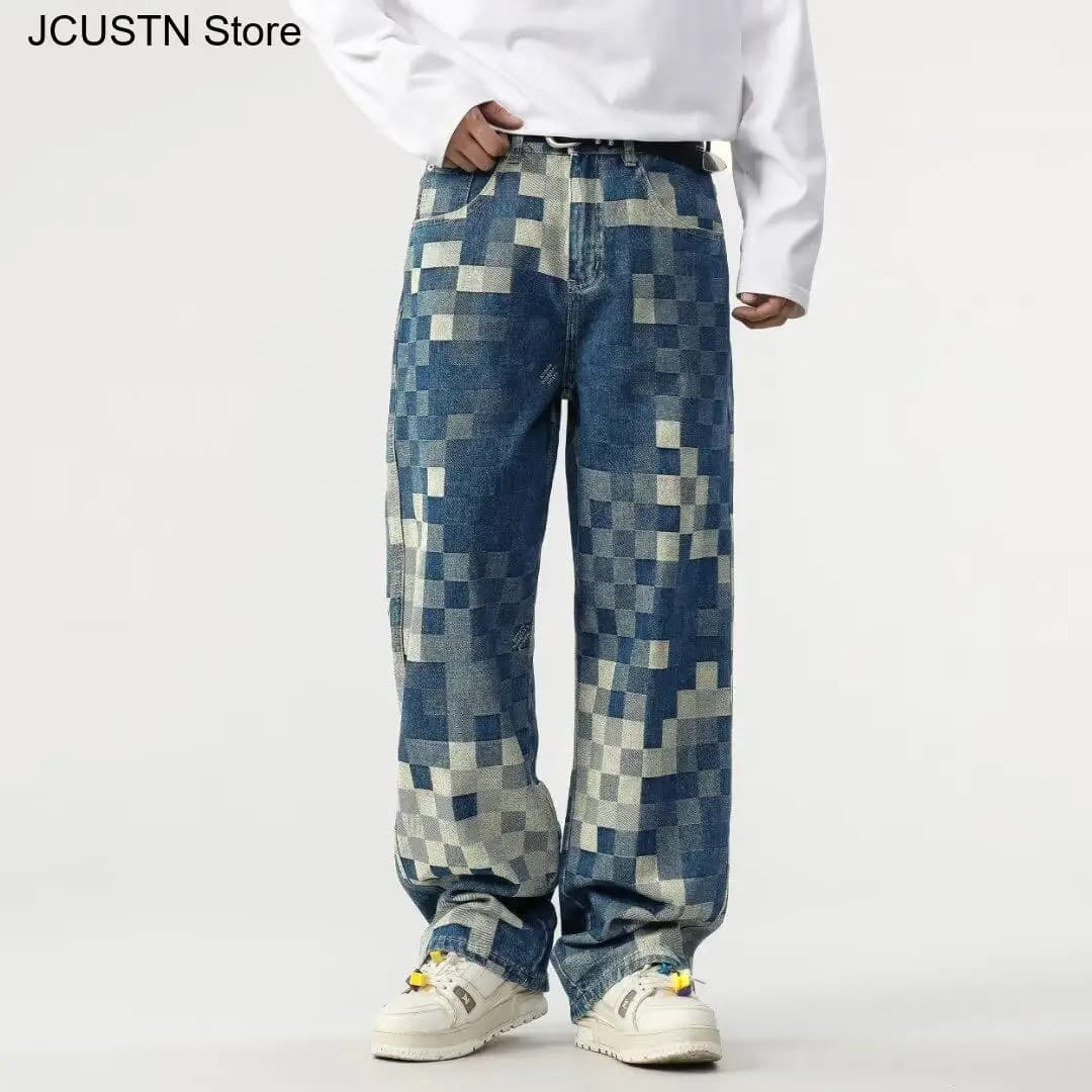 Pantaloni maschili alla moda a gamba dritta Pantaloni larghi da uomo in cotone strappato sfilacciato con orlo grezzo Jeans stile High Street