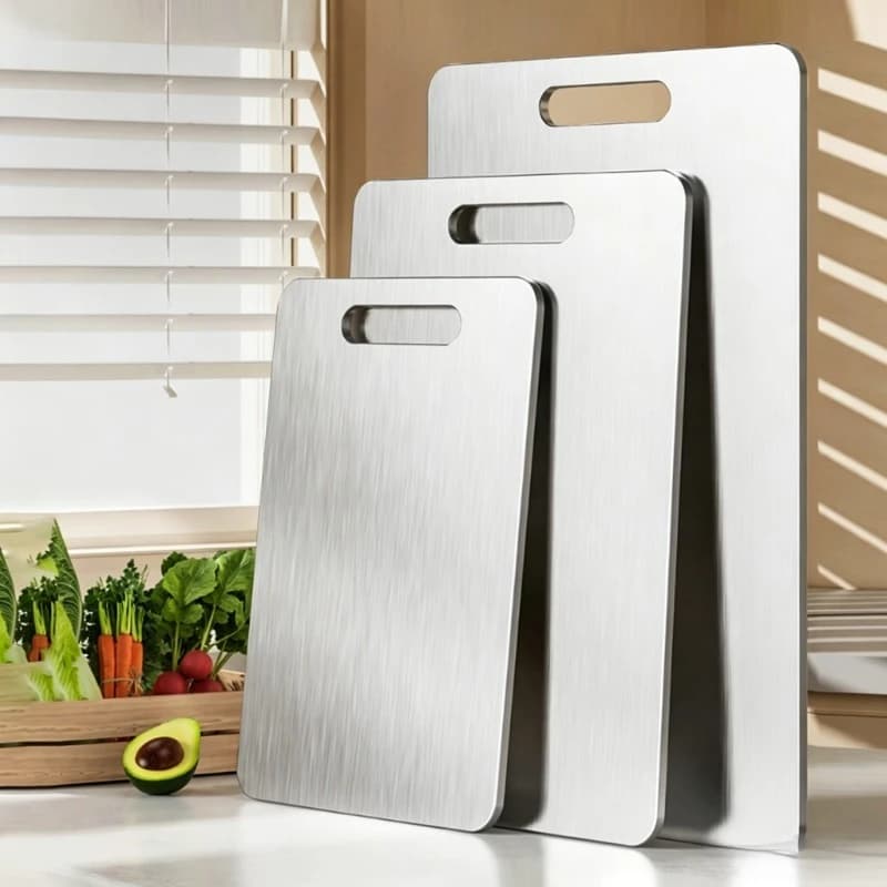 3‑Pack Stainless Steel Cutting Board Set, Heavy‑Duty Food‑Safe Chopping Boards with Handle, Rust‑Proof Kitchen Cutting Tray for Meat Fruit Vegetables