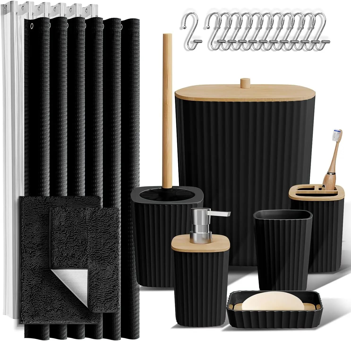 Set Completo per Bagno Nero con Tenda Doccia, Tappeti e Accessori - 22 Pezzi per un Arredamento Elegante