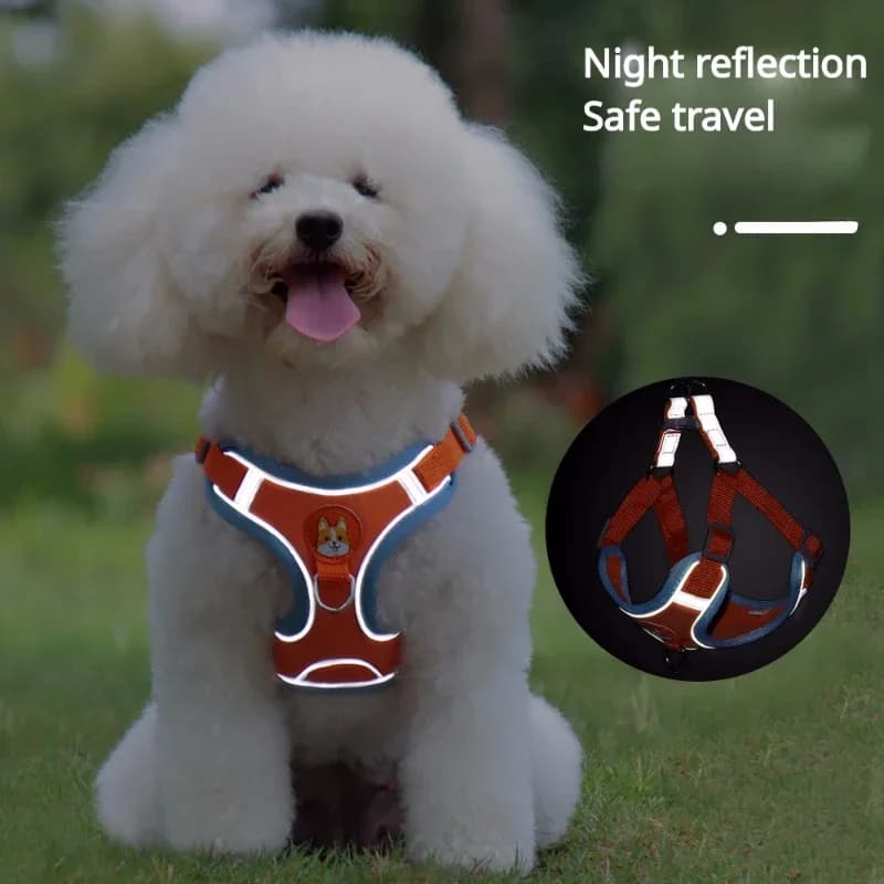 Pettorina riflettente stile gilet per cuccioli di animale domestico Comodo cinturino posteriore traspirante con corda di trazione Accessori per esterni per cani da compagnia