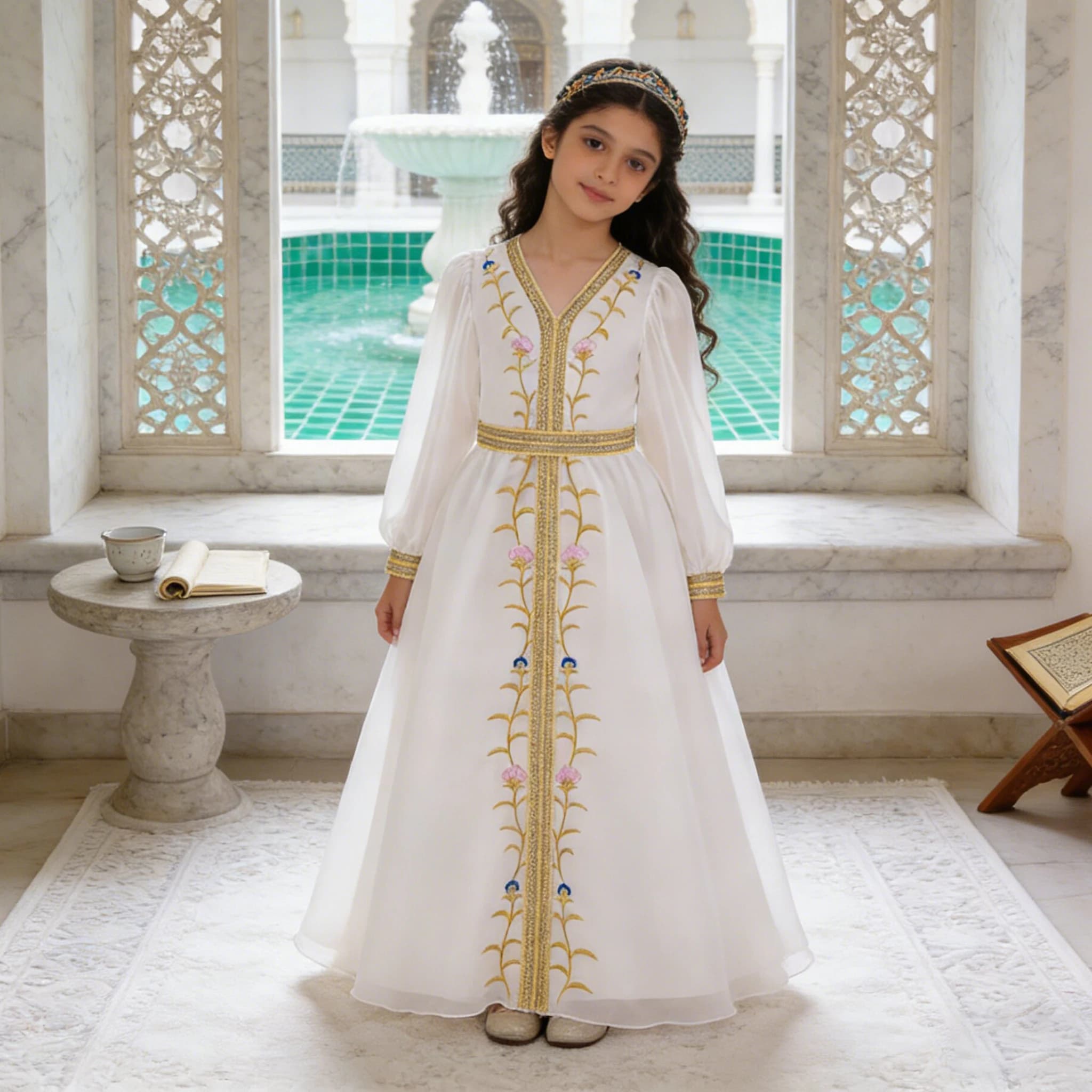 Flower Ramadan Muslim Party Girl Dress Long Sleeve Robe Arab Dubai Eid Enfant Prayer Princess Dresses Girs Wedding Birthday Gown