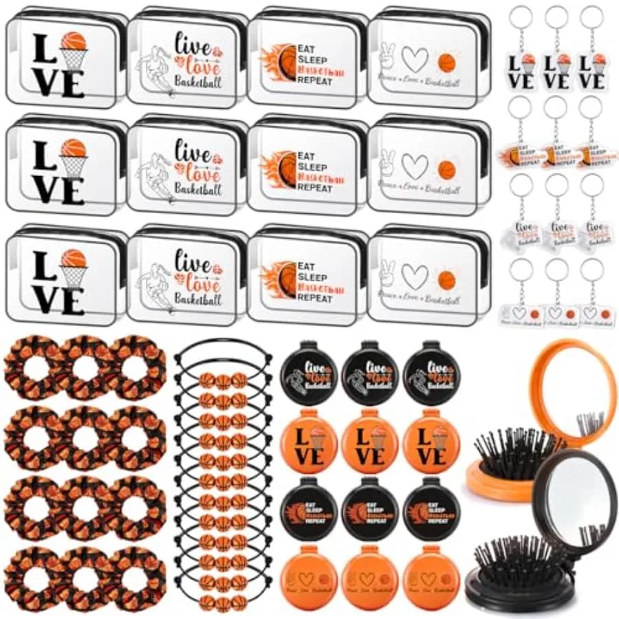 60 Pcs Party Favors Team Gifts for Players with 12 Set Bracelets Keychains Makeup Bag Mini Brush with Mirror Hair Scrunchies fo