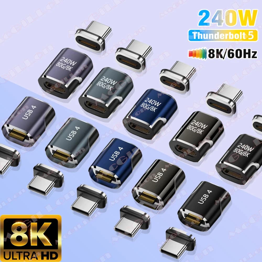 USB4 Magnetic Adapter 80Gbps 240W Thunderbolt 4/3 8K@60Hz USB-C to USB-C Fast Charging Converter for Phones Tablets & Laptops