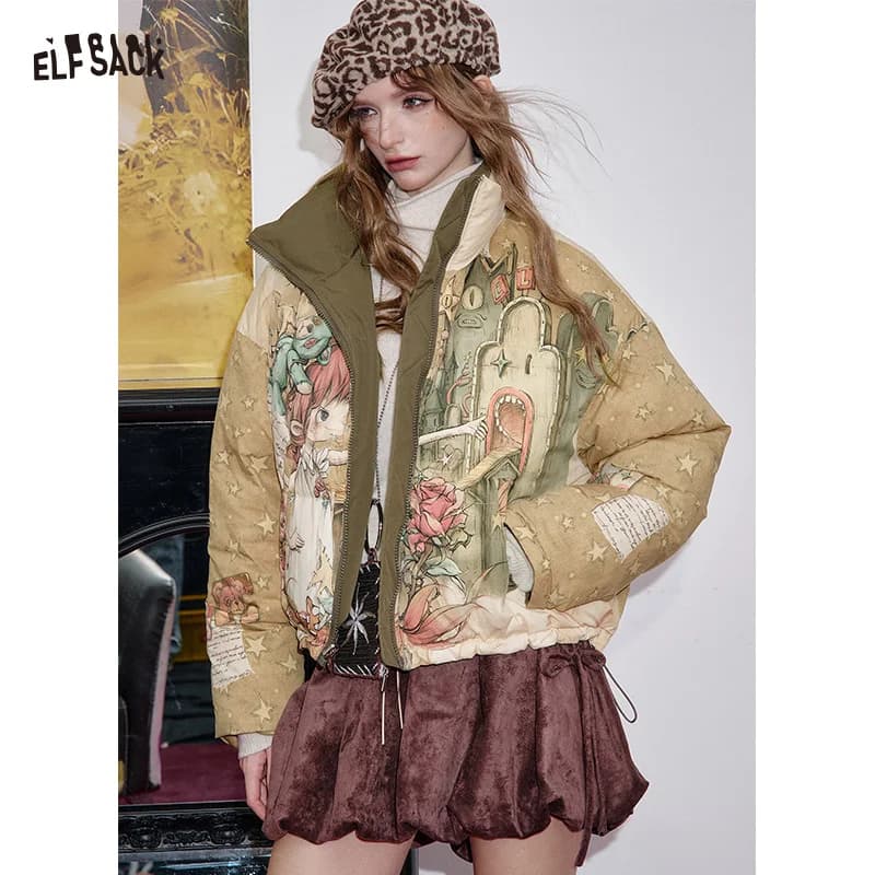 ELFSACK 2025 Nuovi arrivi invernali Casual reversibile Cartoon All Over Print Piumino per donna