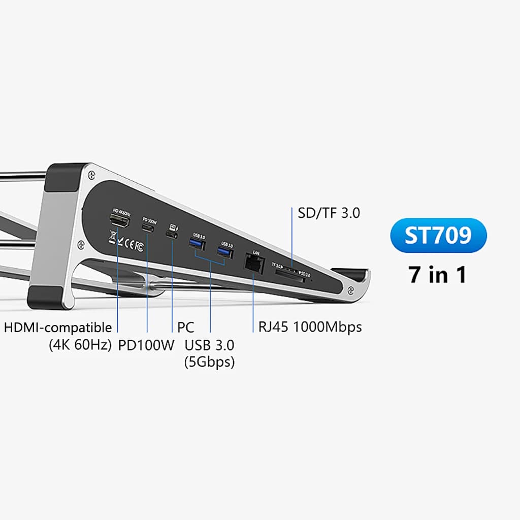 Docking Station USB C per Laptop con Supporto, Lettore di Schede SD/TF 4K 60Hz HD, USB 3.0 5Gbps, PD 100W, Docking Station Universale per Laptop