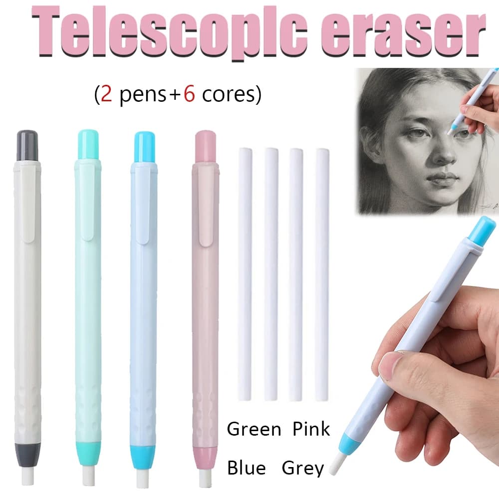 8pcs/set Creative Pen Shape Press Type Pencil Eraser Set, for Sketching Writing Erase Supplies Office Stationery Accessories