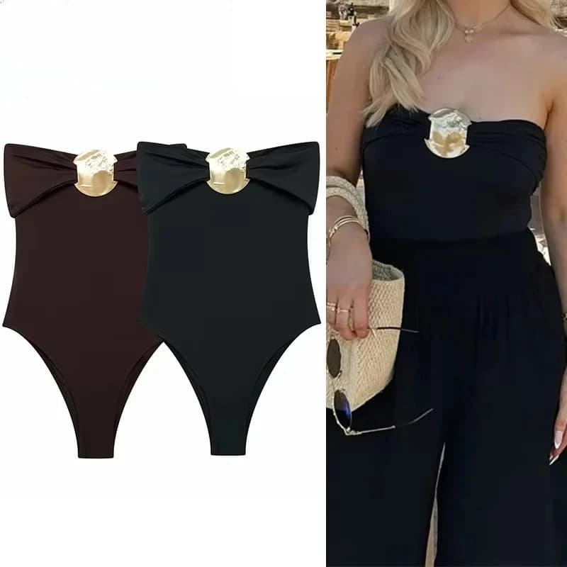 Body Nero Senza Spalle da Donna, Aderente, Senza Maniche, Lingerie Sexy, Body Scollato sulla Schiena, Costume da Bagno Intero Estivo da Donna