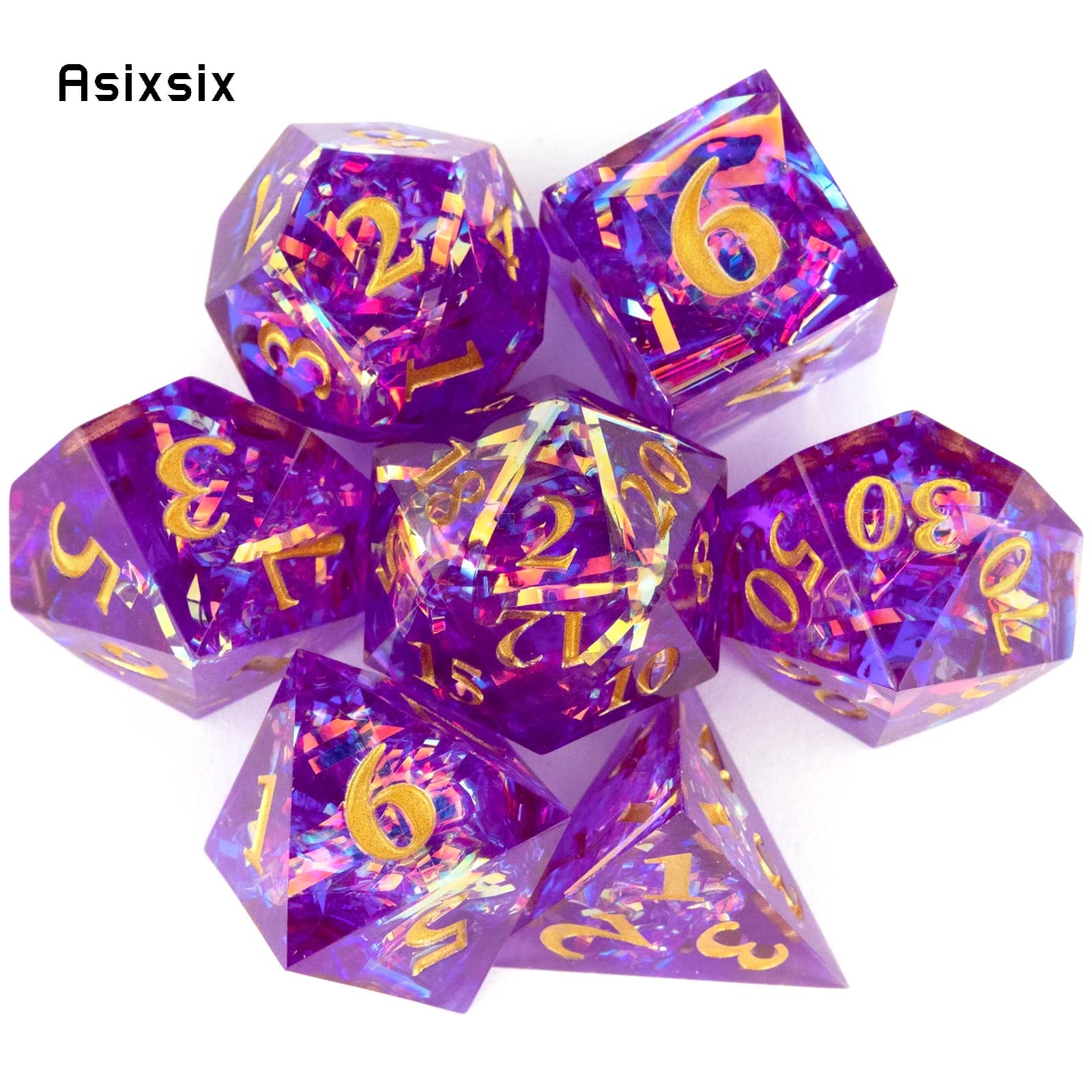 Set di 7 Dadi Poliedrici in Resina Viola con Numeri Dorati e Bordi Affilati, Adatti per Giochi di Ruolo e da Tavolo