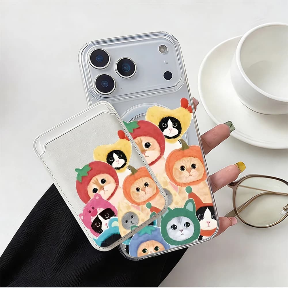 Quirky Cat For Magsafe Phone Case With Leather Card Holder For iPhone 17 16 15 14 Pro Max 16e 13 12 11 Pro Plus Air Clear Cover