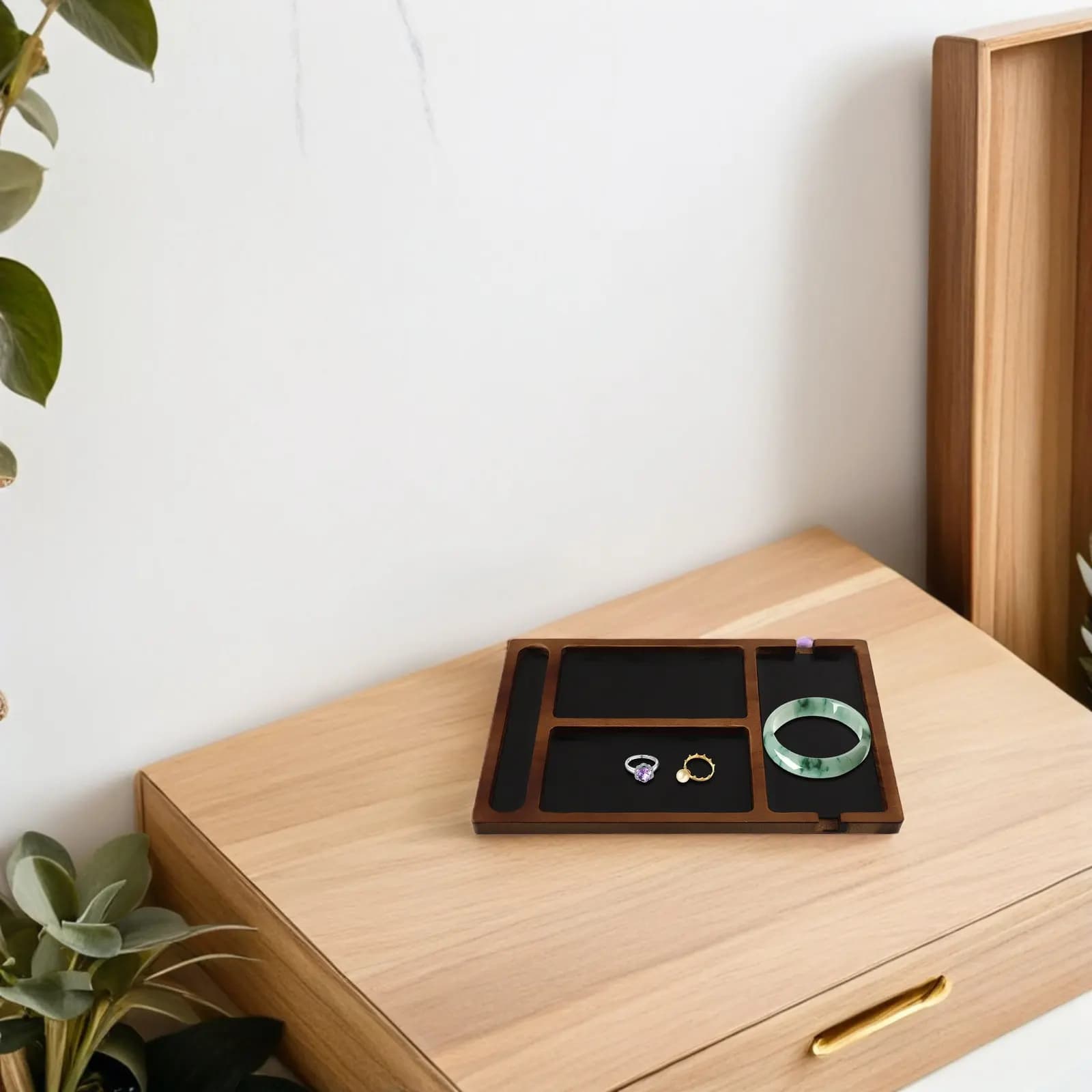 Multi-Compartment Solid Wood Jewelry Organizer Tray Divided Wooden Desk Catchall for Bedroom Entrance Nightstand Keys Sunglasses