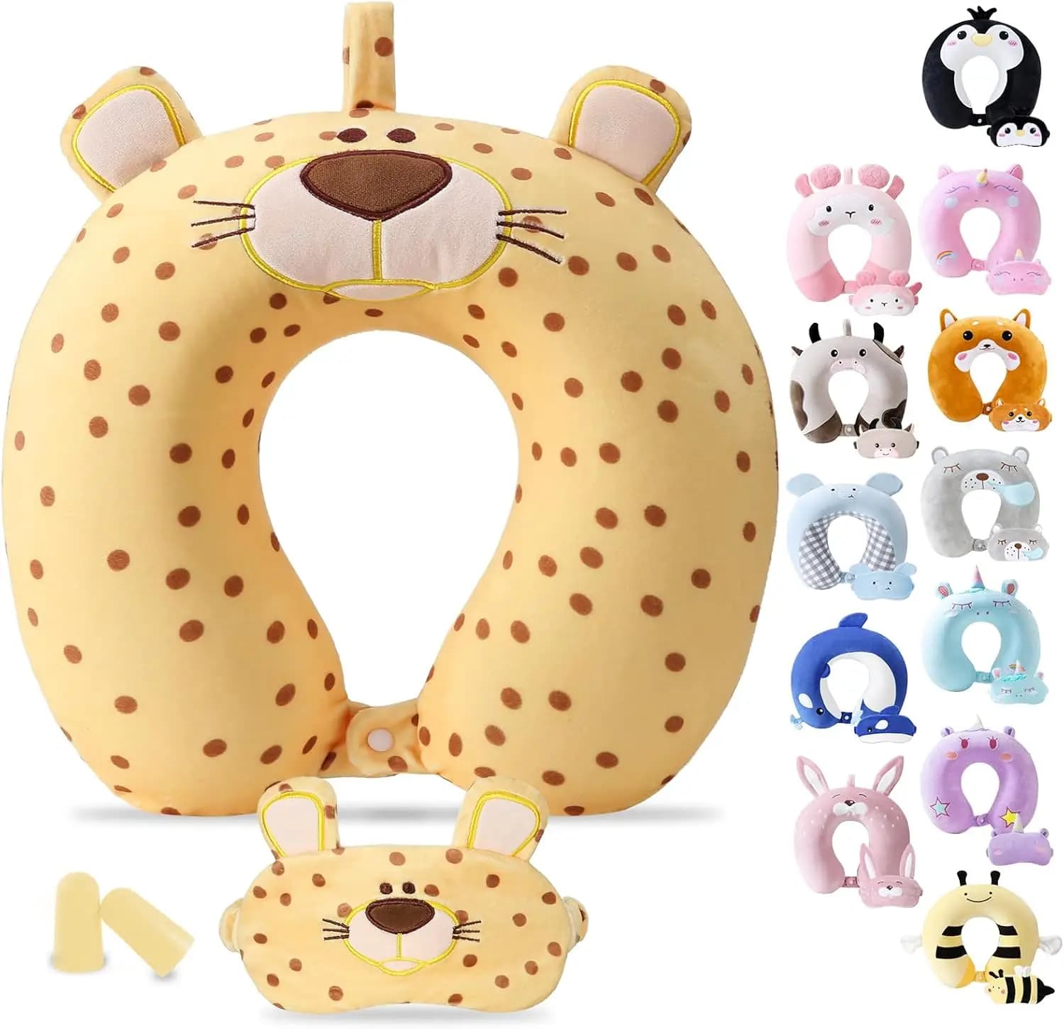 Cuscino da viaggio per bambini e adulti - Cuscino da aereo in memory foam con maschera per dormire - Design simpatico a forma di animale, supporto per il collo per auto e voli lunghi (Leopardo giallo, 9-12 anni)