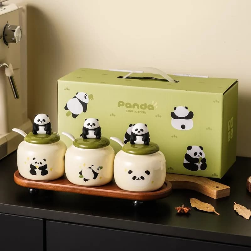 Creativo Panda Set di barattoli di spezie in ceramica Decorazioni per la cucina di casa 3 pezzi Set di scatole di condimenti Sali e pepe Utensili aromatizzanti