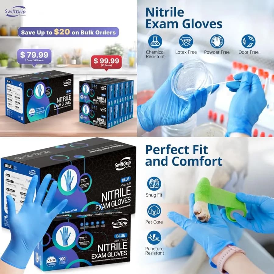 Guanti Monouso in Nitrile Blu, Senza Lattice, per Esami Medici, Pulizie e Manipolazione Alimenti