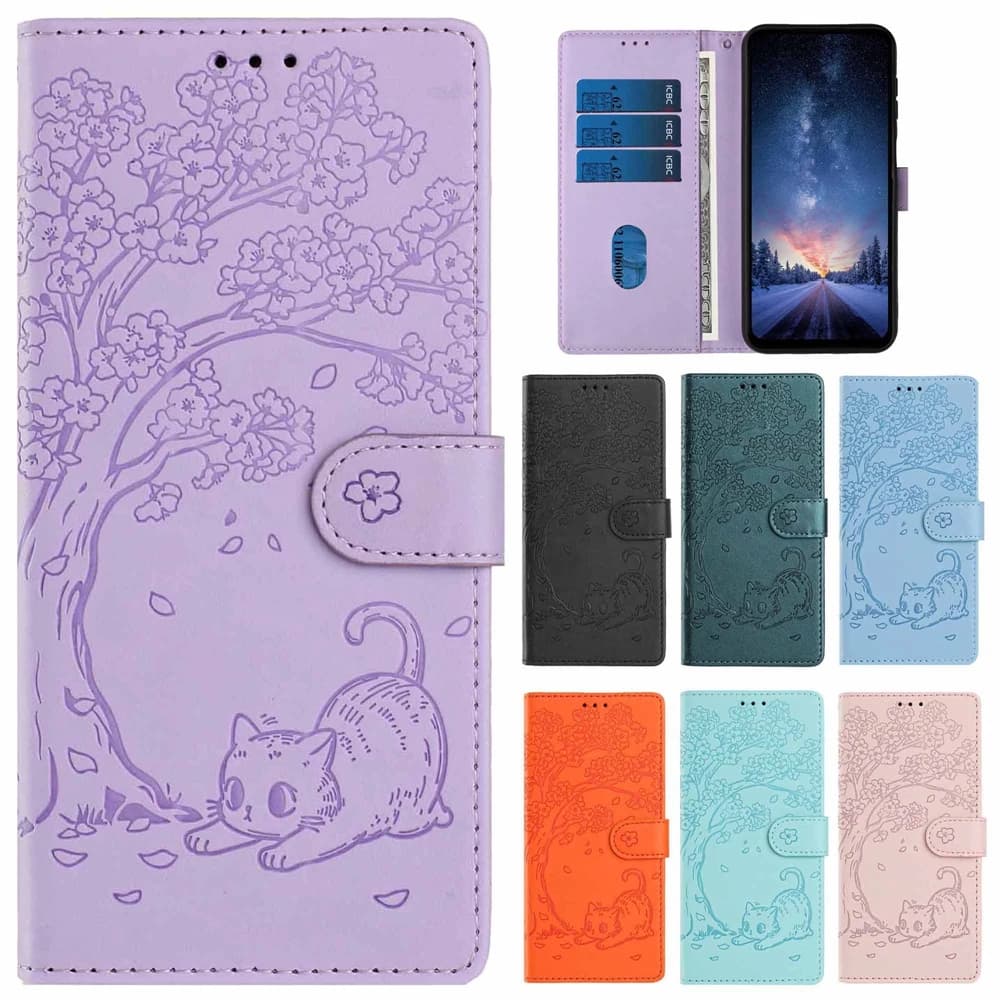 Redmi A5 15C 14C 13C 12C Custodia per telefono simpatico albero di gatto per Funda Xiaomi Redmi Note 15 14 13 Pro Plus 5G Custodie in pelle Flip Cover posteriore