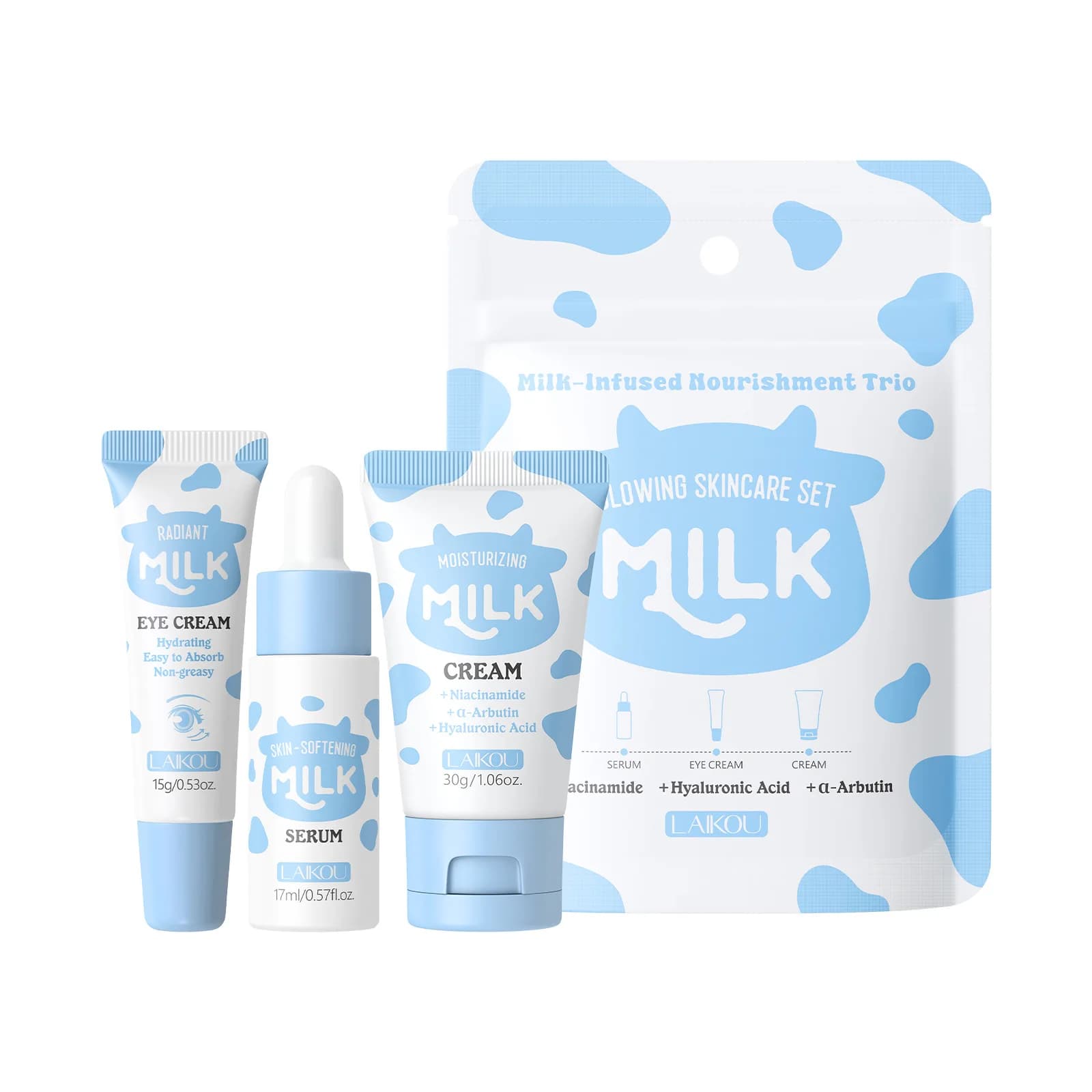 LAIKOU Set da Viaggio per la Cura della Pelle al Latte 3 Pezzi: Siero 17ml, Crema Contorno Occhi 15g, Crema Idratante 30g - Kit Nutriente per la Cura del Viso