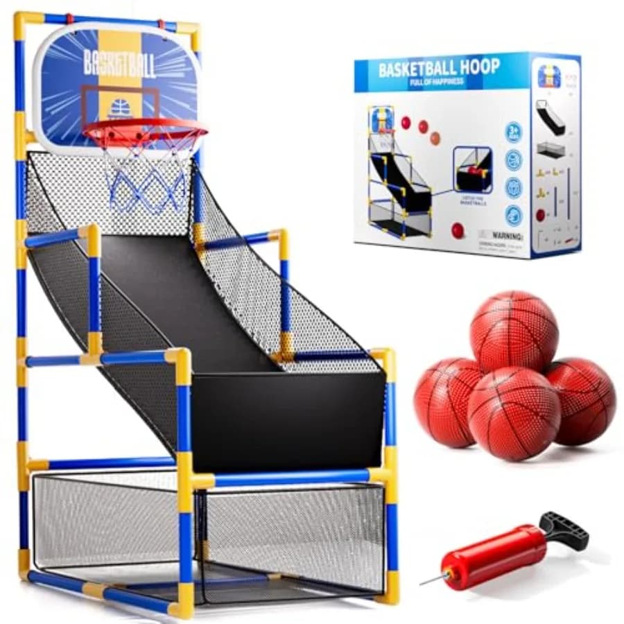 Set da gioco da basket arcade per interni ed esterni con 4 palloni e pompa ad aria, canestro da basket con rete in nylon resistente, colore blu, per ragazzi e ragazze