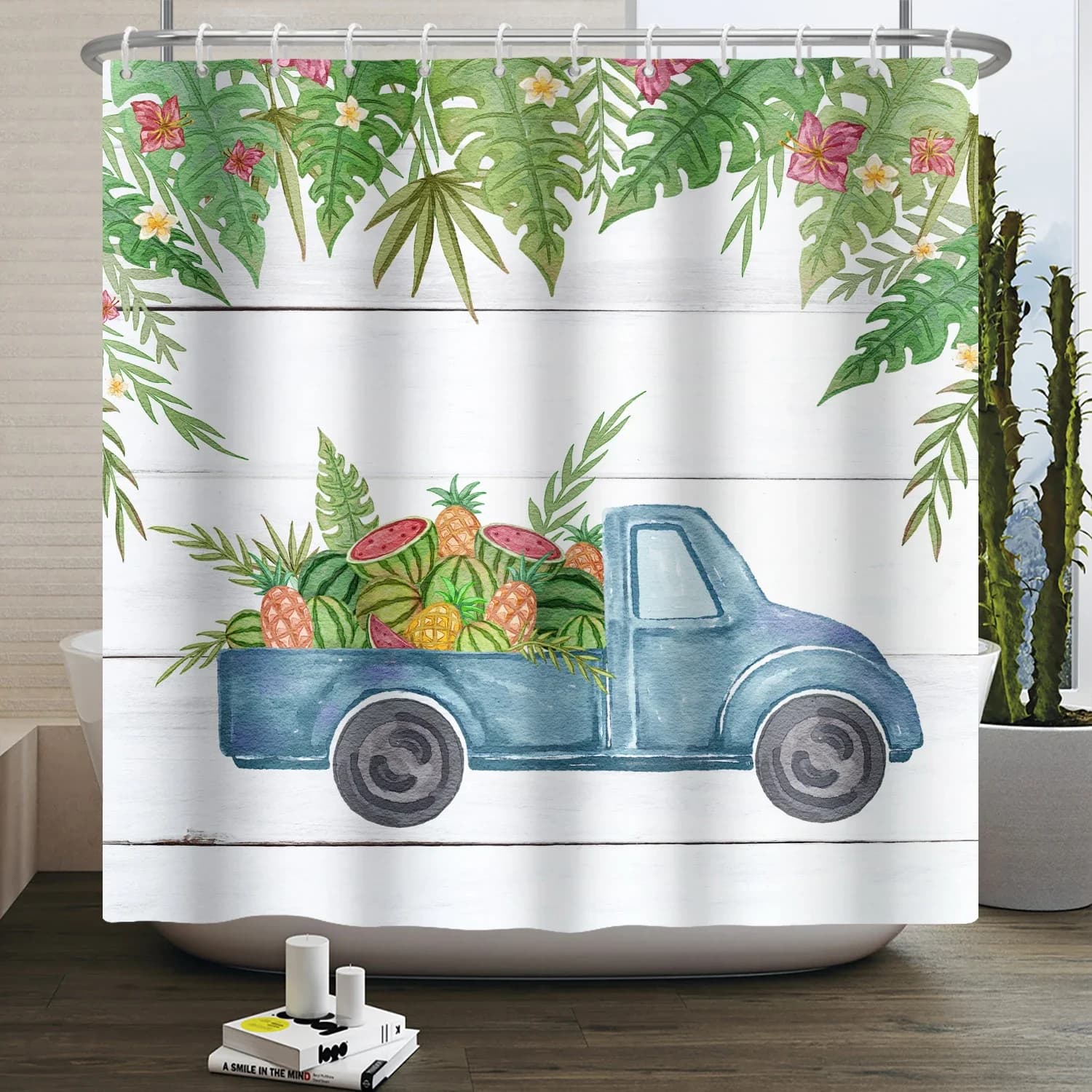 Tenda da doccia estiva per camion con anguria, foglie di palma tropicali, cucina di casa, divisorio da bagno, tenda da appendere impermeabile con ganci