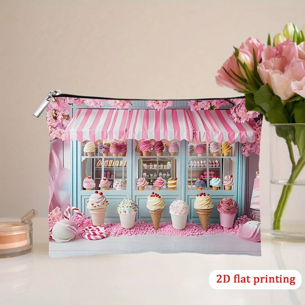 1 borsa per il trucco con motivo simpatico negozio di gelati - custodia multifunzionale con cerniera per donna, organizer da viaggio perfetto con cerniera, divertente regalo di compleanno