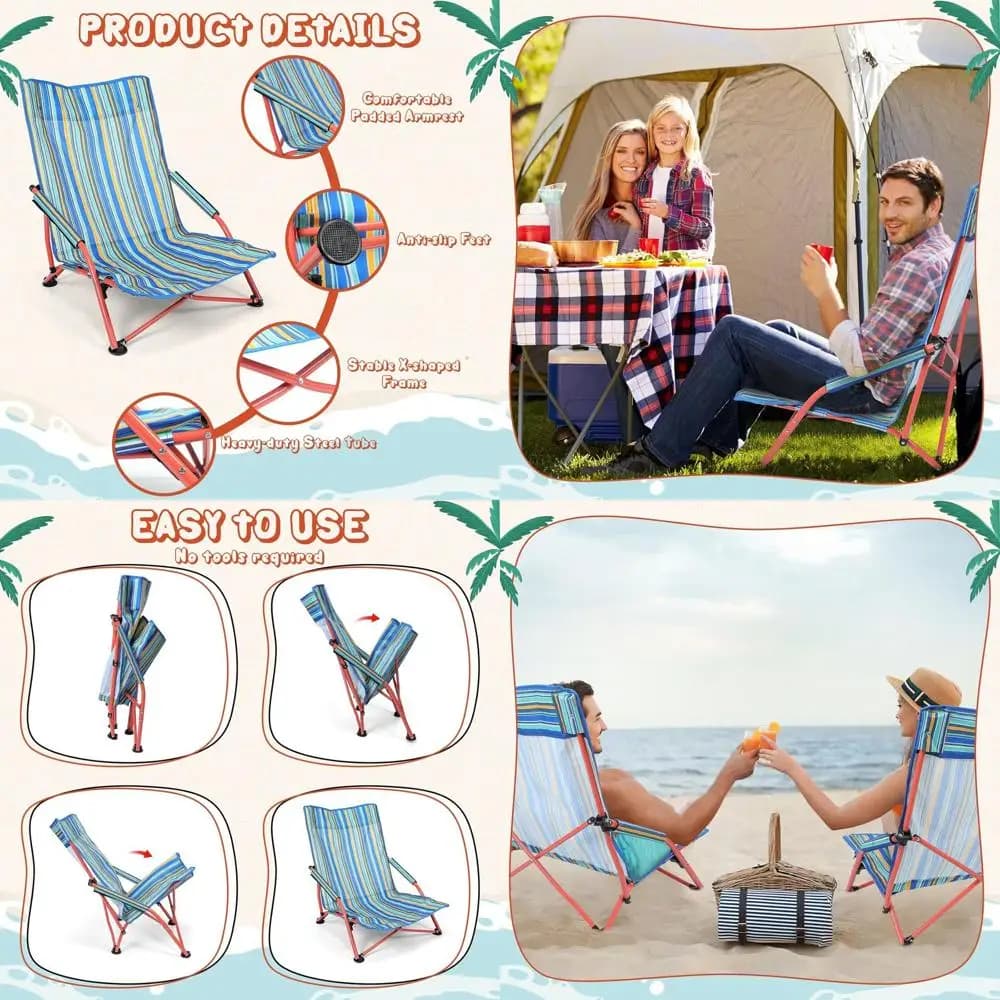 Set di 4 Sedie da Spiaggia Reclinabili Blu con Schienale Alto e Borsa per il Trasporto - Portatili per Esterni, Campeggio, Giardino (Verde)