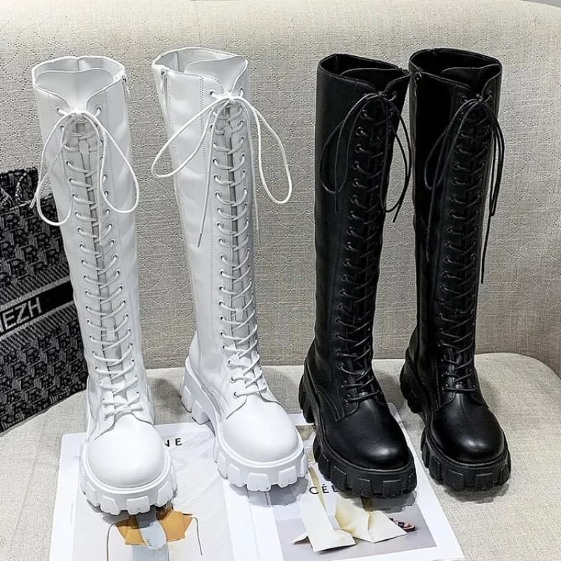 Women Knee High Boots Lace Up Combat Booties Platform Lug Sole Round Toe Side Zipper Tall Winter Streetwear Footwear Black White