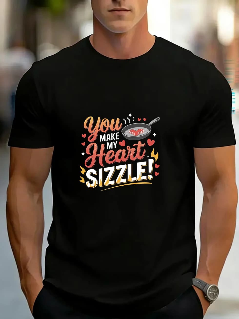 Short-sleeved men's t-shirt with skull design, cigar, trendy characters, pan, heart-shaped fried egg, steam, stars and bright rays, unisex style for couples, pure cotton