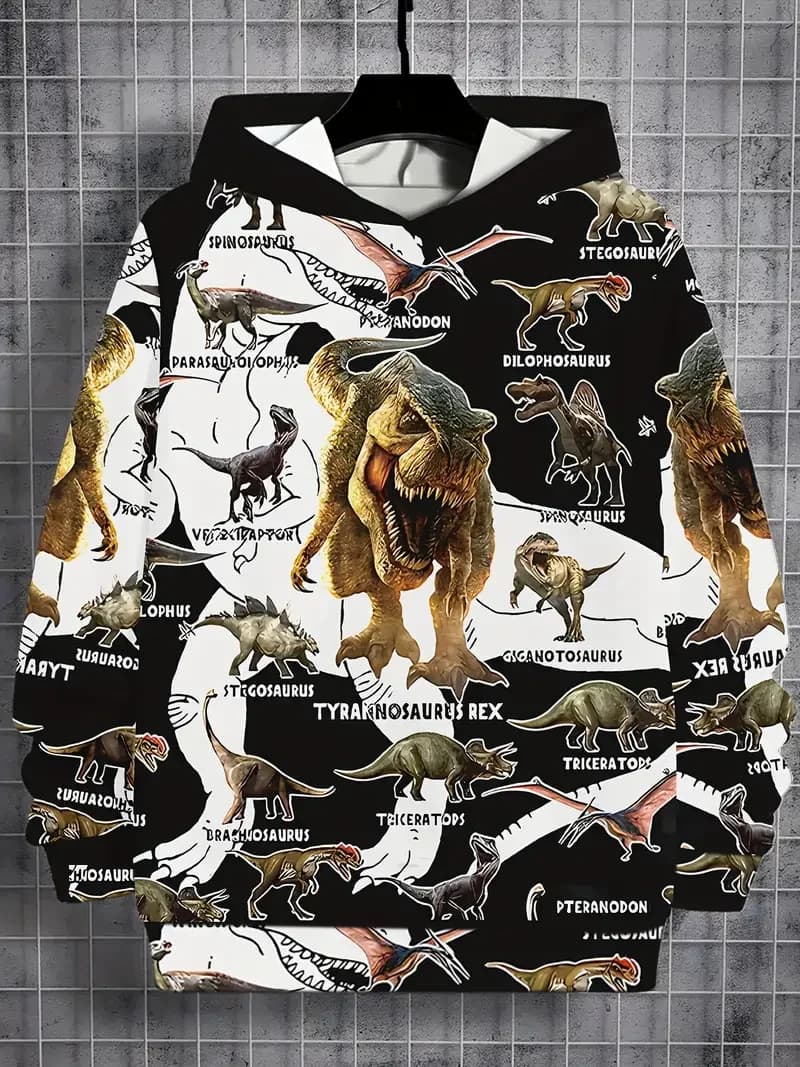 Felpa con cappuccio con dinosauro stampato 3D casual e alla moda da ragazzo, abbigliamento sportivo stampato per tutto il corpo autunnale, adatto per esterni