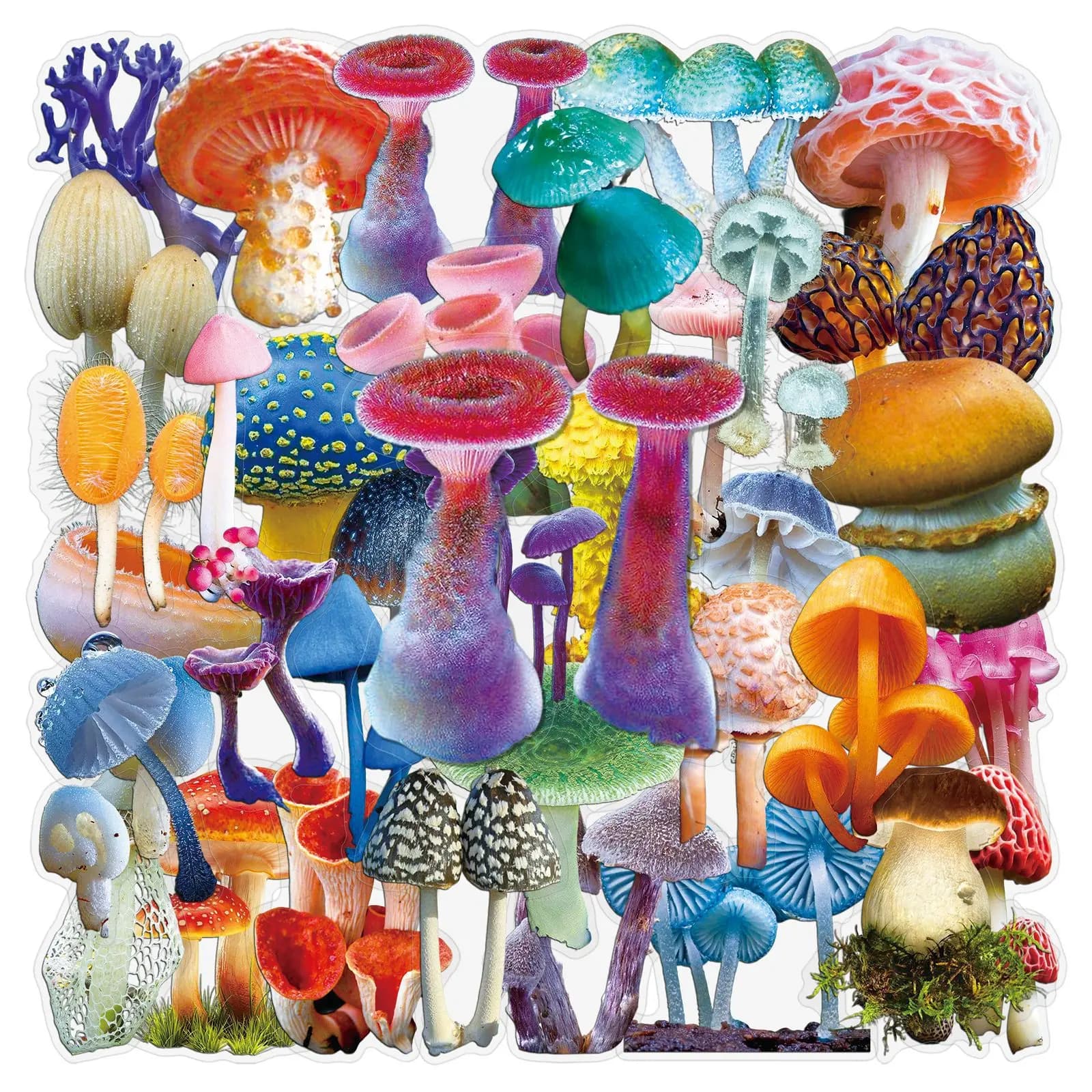 50-100 Pezzi Adesivi Trasparenti in PET a Forma di Funghi Realistici, Colorati, Impermeabili, per Diari, Scrapbook e Quaderni