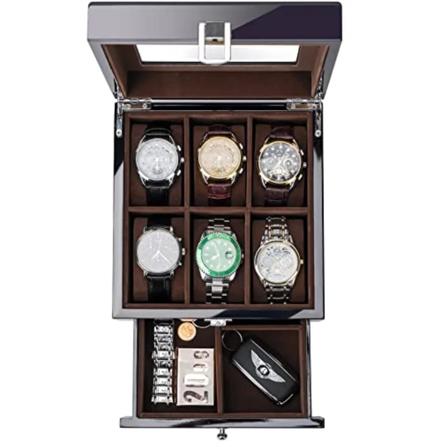 Scatola Porta Orologi in Legno Laccato a 6 Scomparti per Uomo, Organizzatore per Orologi da Uomo con Coperchio in Vetro, Espositore a 2 Livelli per Conservazione Orologi da Polso
