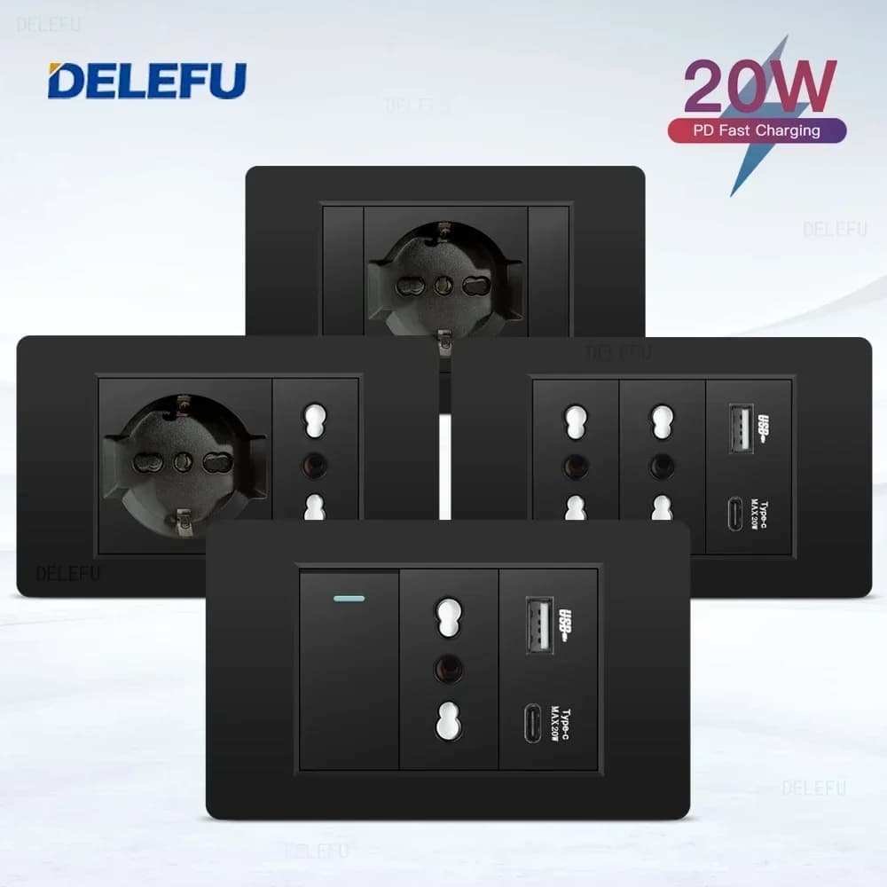 DELEFU Nero Ritardante PC Italia USB TypeC Presa a muro a ricarica rapida Schuko Tuya Wifi Smart Switch Sat TV Tel Campanello Cile