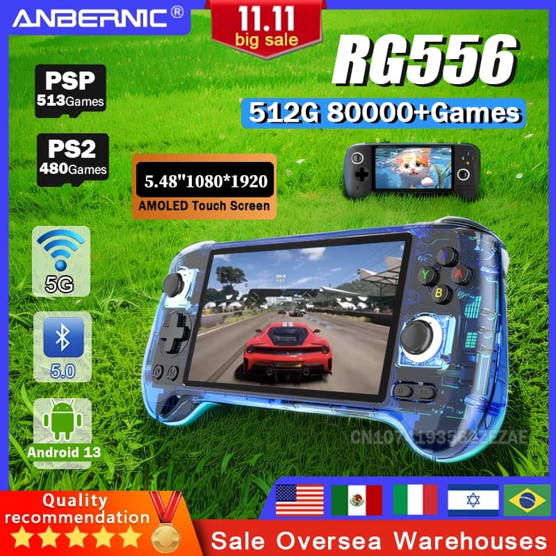 ANBERNIC RG556 Console di gioco portatile Schermo AMOLED da 5,48 pollici 1080*1920 Android 13 RAM8G + 128G PS2Game 5G WIFI 512G 80000 Giochi