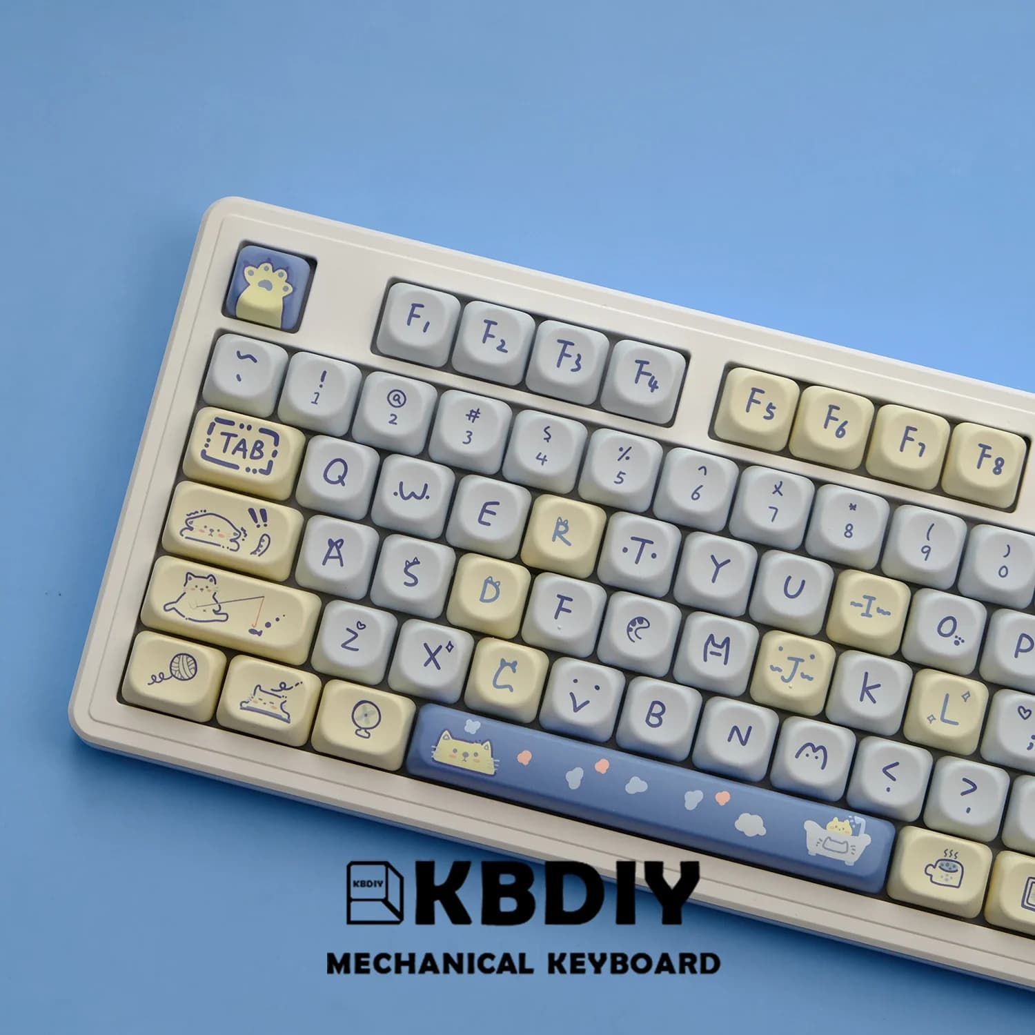 KBDiy 141Keys PBT Blue Meow Keycap Custom KOA Profile Cute Keycaps for Mechanical Keyboard ISO 7U Key Cap for MX Switches GMK67