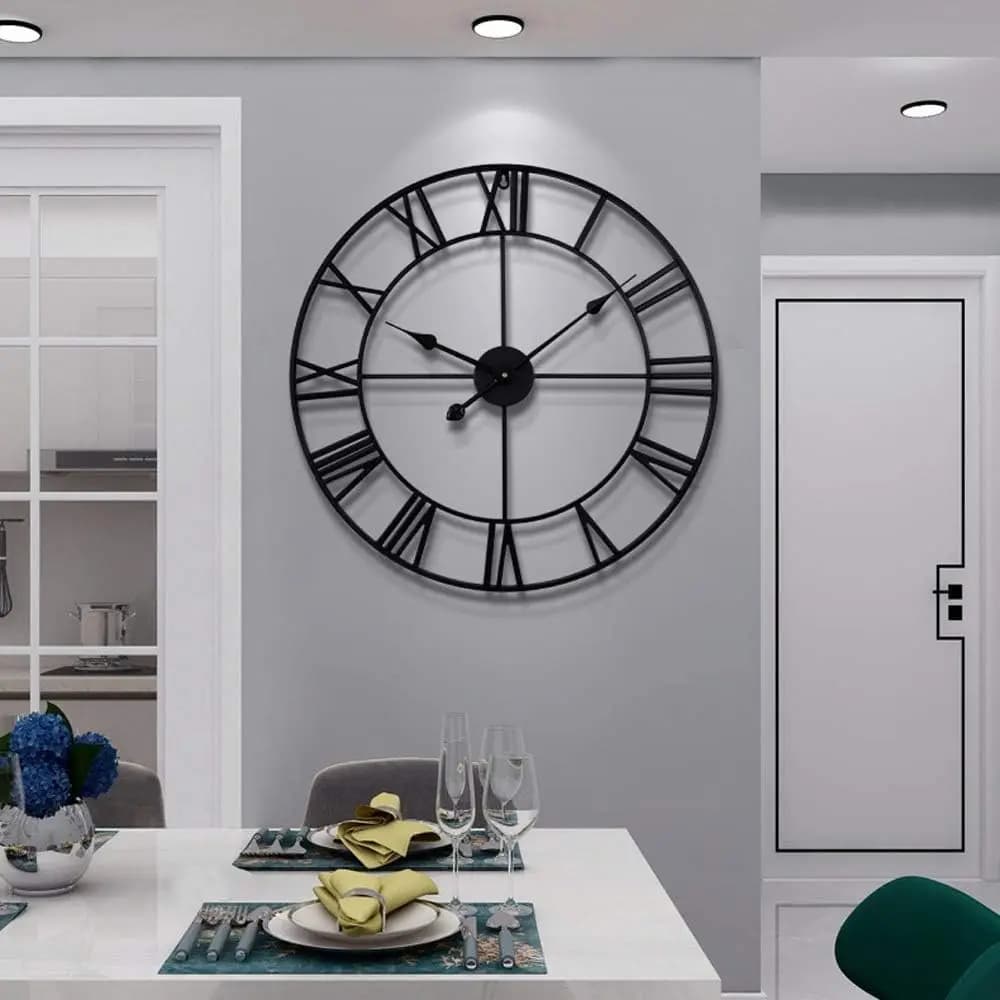 Grande Orologio da Parete Silenzioso, 24 Pollici, Decorazione Rustica Rotonda in Metallo per Soggiorno, Camera da Letto, Cucina, Funzionamento a Batteria, Numeri Romani Neri