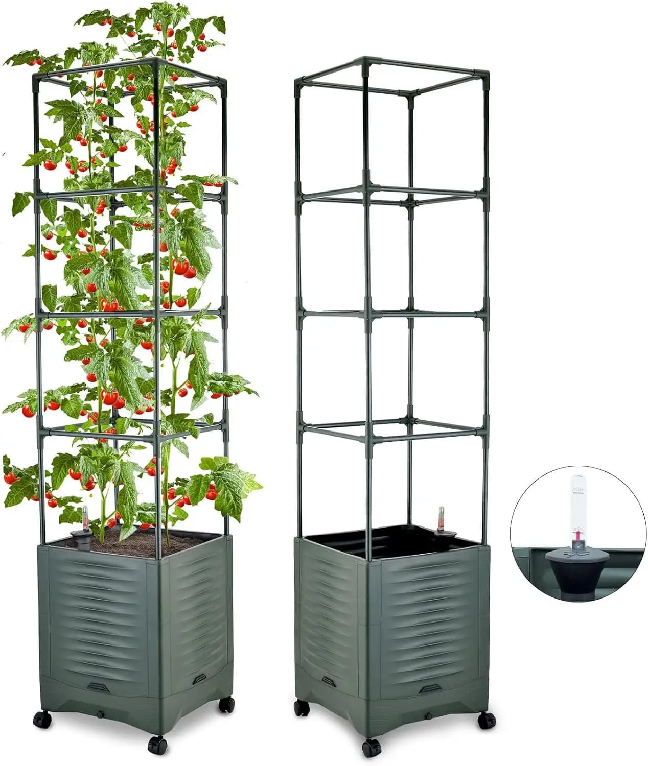 56.5" Tall Self-Watering Tomato Planter Pot with Trellis, Raised Garden Bed, Large Reservoir, Wheels, Water Indicator, Outdoor Indoor Metal Support for Climbing Plants, 1 Planter