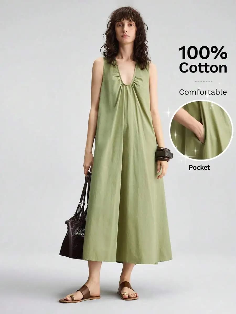 Abito Lungo Estivo da Donna 2026 Senza Maniche in Cotone con Scollo a U e Tasche