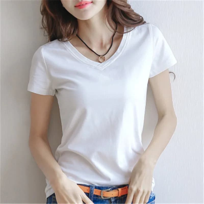 T-shirt da donna in cotone solido con scollo a V manica corta T-shirt da donna slim bianca e nera T-shirt casual da donna solida