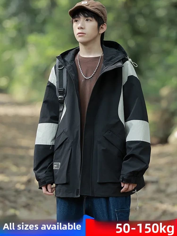 Men's Fleece Lined Jacket plus Size Winter Coat Trendy Ins Color Block Oversize Polyester Youth Popular Autumn Winter Coat