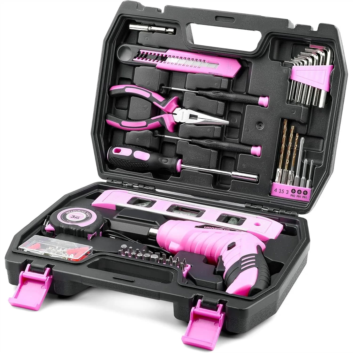 123 Piece Pink Household Tool Set with 3.6V USB Electric Screwdriver, Home Tool Kit for Women