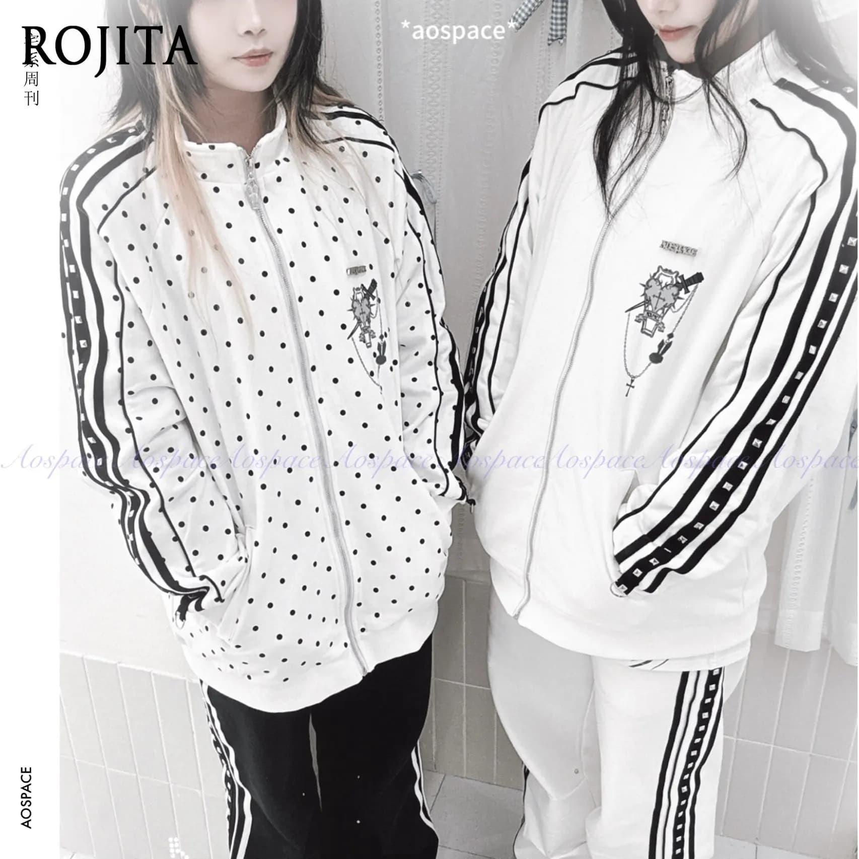 Y2K Kawaii Polka Dot Athletic Jacket Black Dot Print Double Side Stripe High Neck Zip Front Cartoon Graphic Oversized Outer Coat