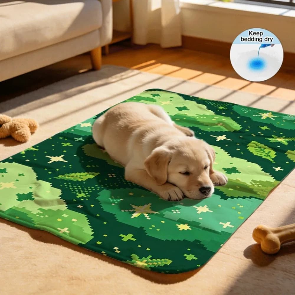 Fresh green pixel star leaf Machine Washable Reusable Pet Liners Stain Resistant for Dog Crate and Cage