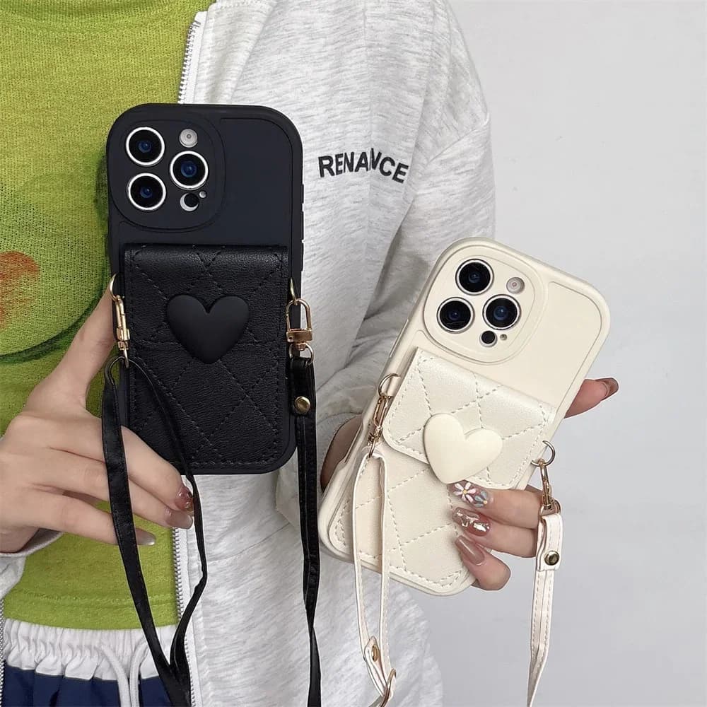Cute Heart Lanyard Crossbody Card Holder Phone Case for IPhone 17 Air 16 15 14 Plus 13 12 11 Pro Max X XR Cover Necklace Strap